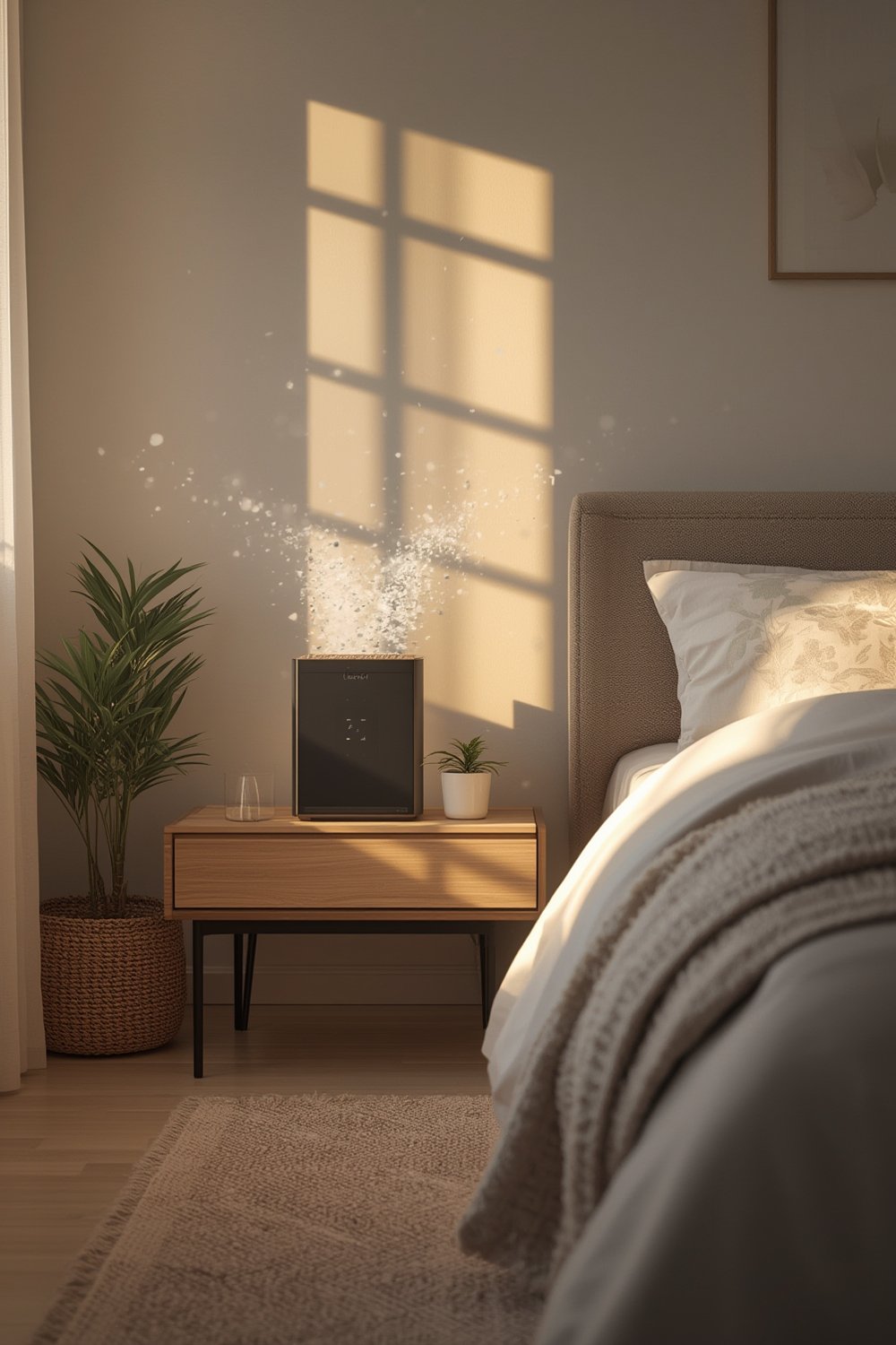 air purifier improving indoor air quality on a desktop