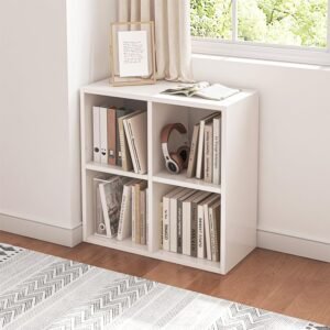 white 4 cube organizer bookcase with books by window