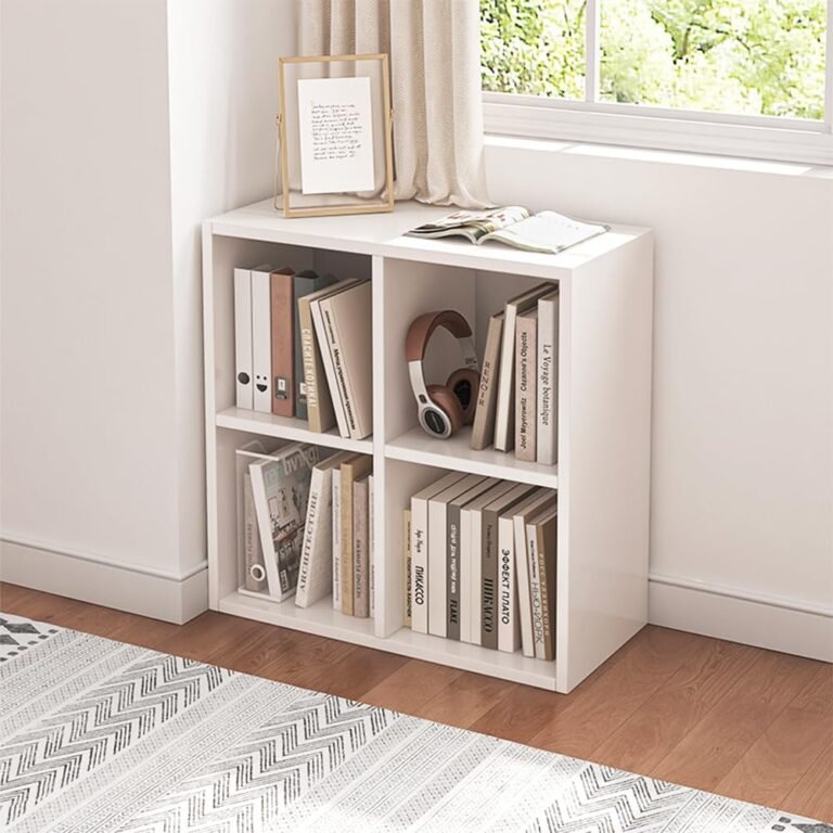 white 4 cube organizer bookcase with books by window