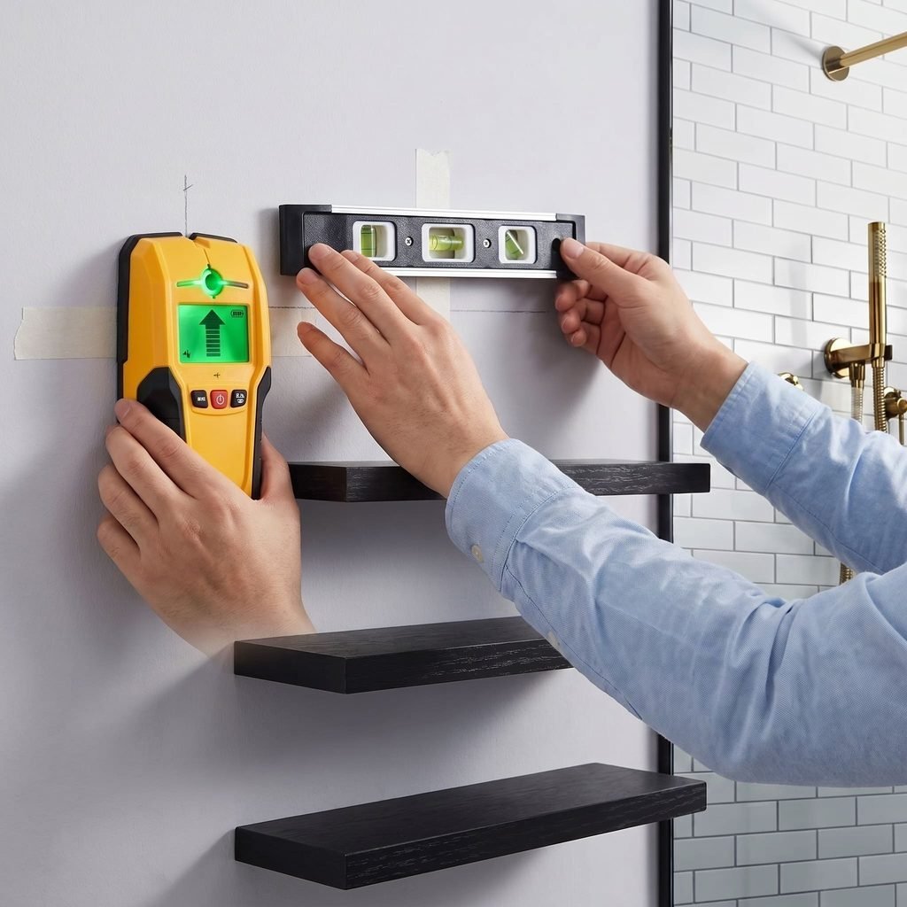 stud finder and level for floating shelves installation