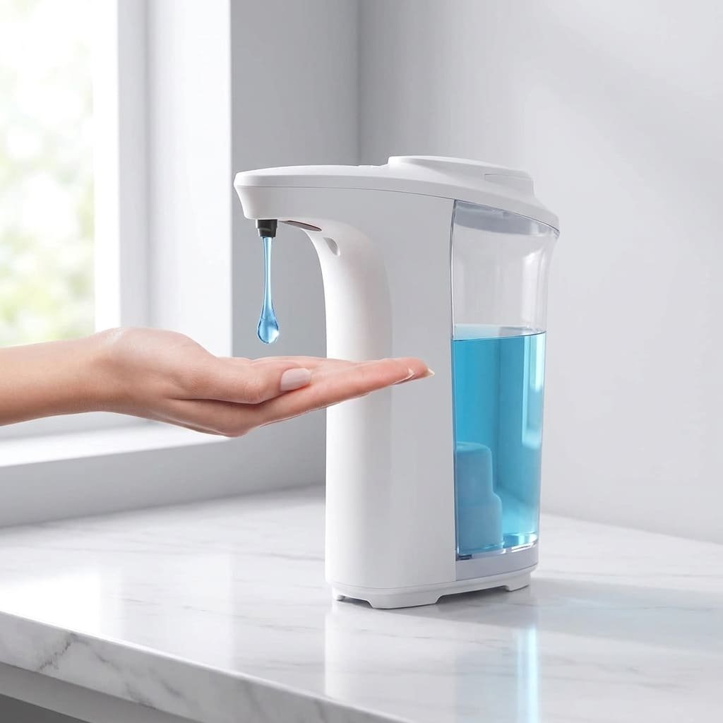 automatic soap dispenser on bathroom counter