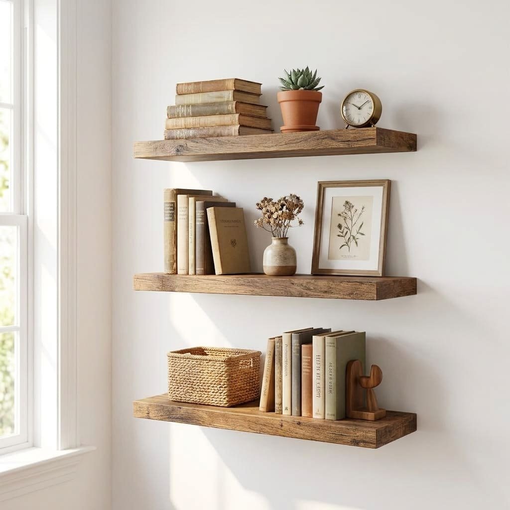 floating shelves mounted on wall with books and decor