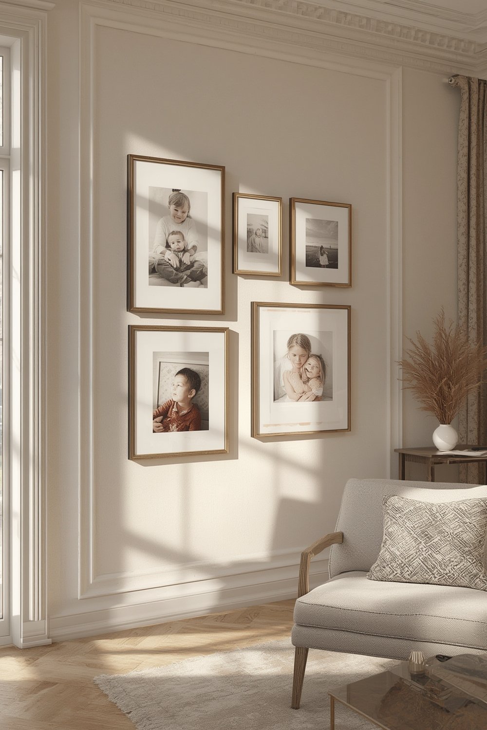 picture strips holding large frame on white wall