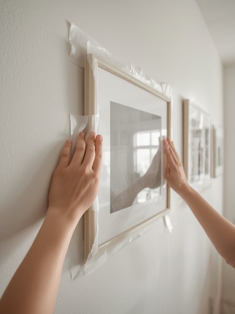 wall hanging demonstration showing adhesive strips installation process