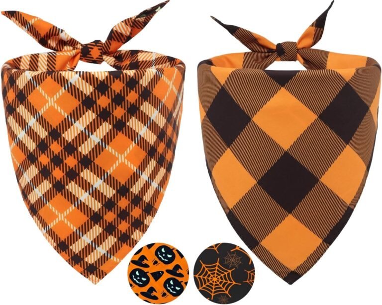 2-pack reversible Halloween dog bandanas with plaid and pumpkin spider web designs