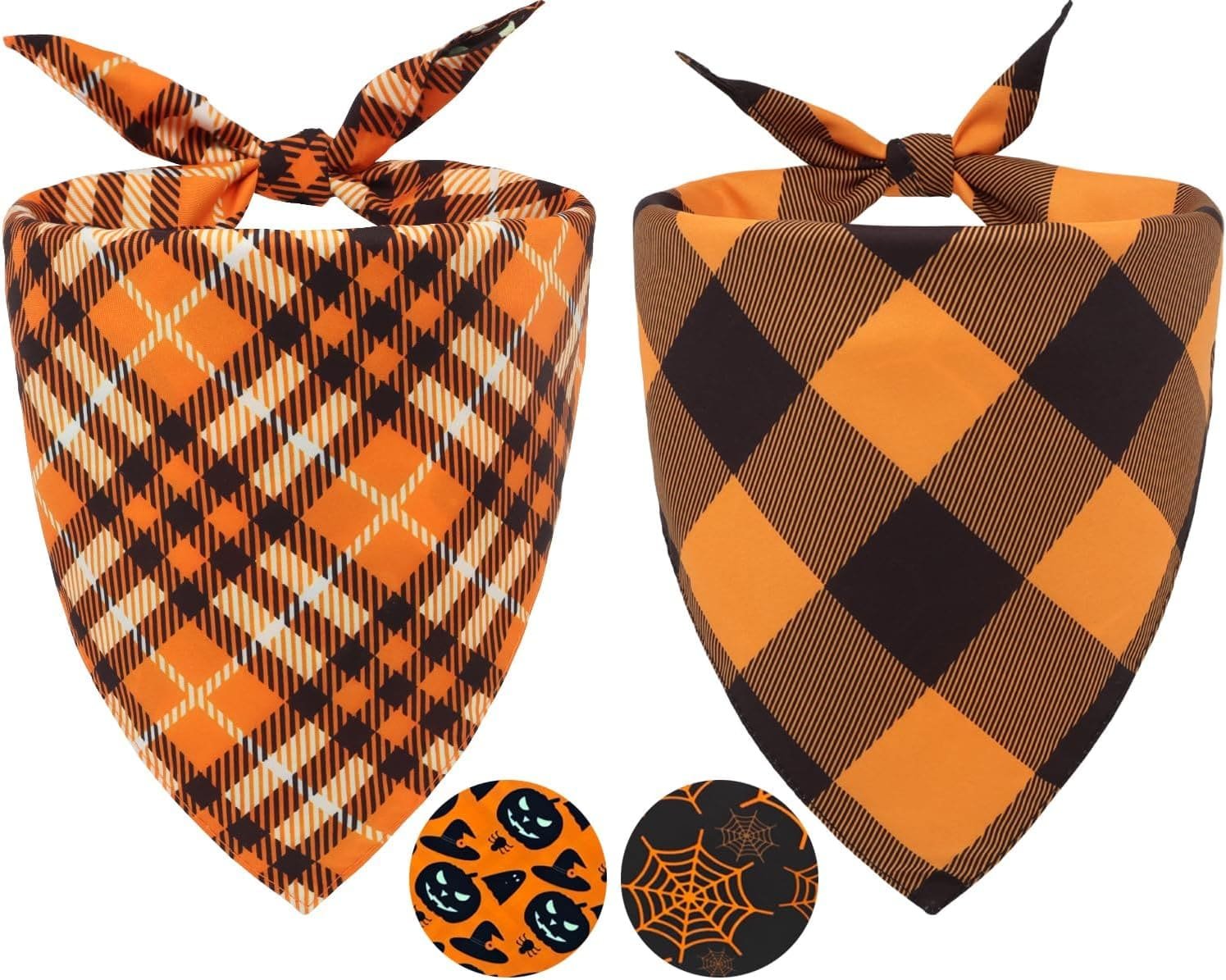 2-pack reversible Halloween dog bandanas with plaid and pumpkin spider web designs