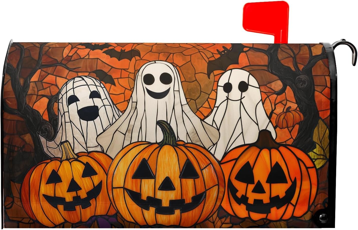 Halloween mailbox cover with ghosts and pumpkins design