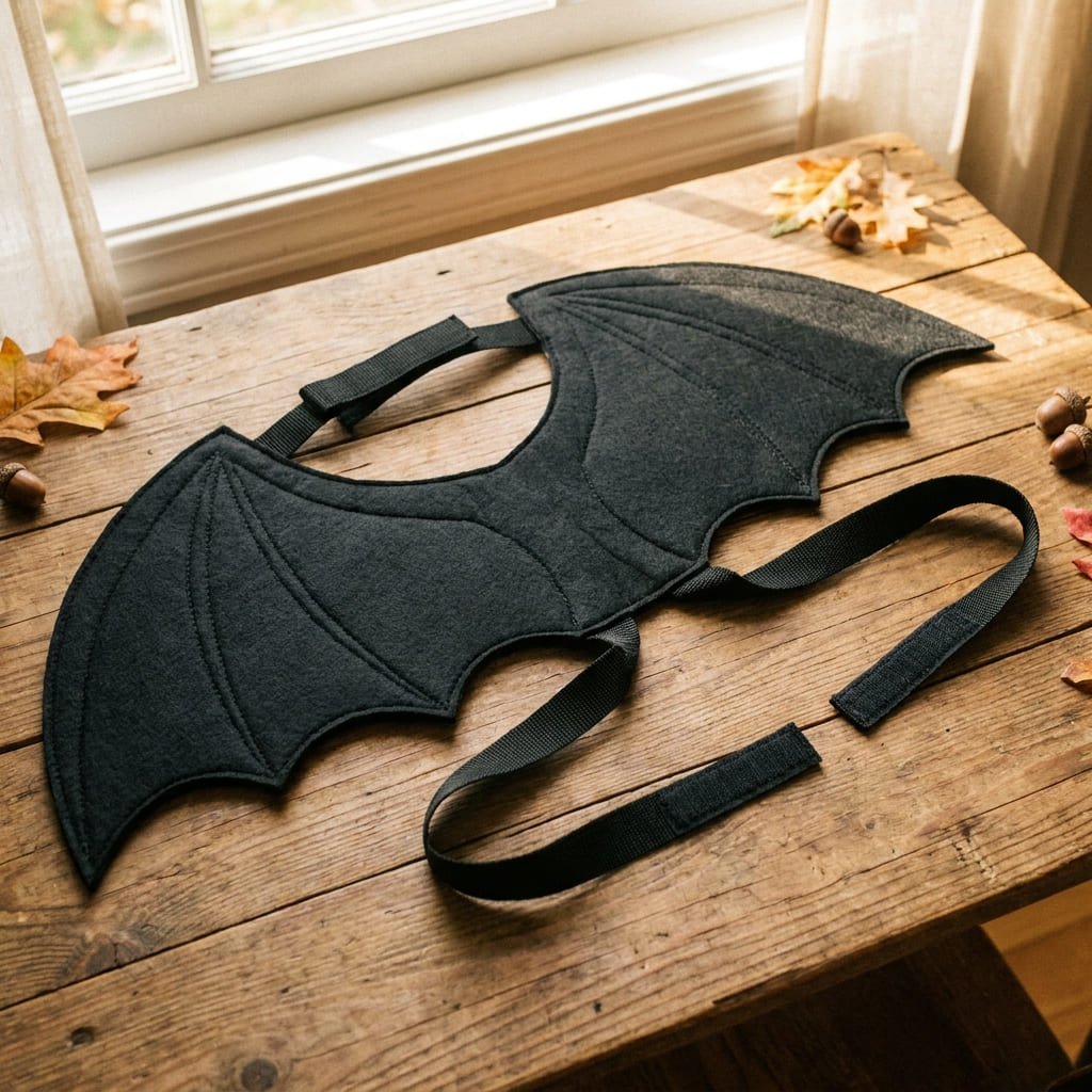 black felt cat bat wings costume laid flat showing straps
