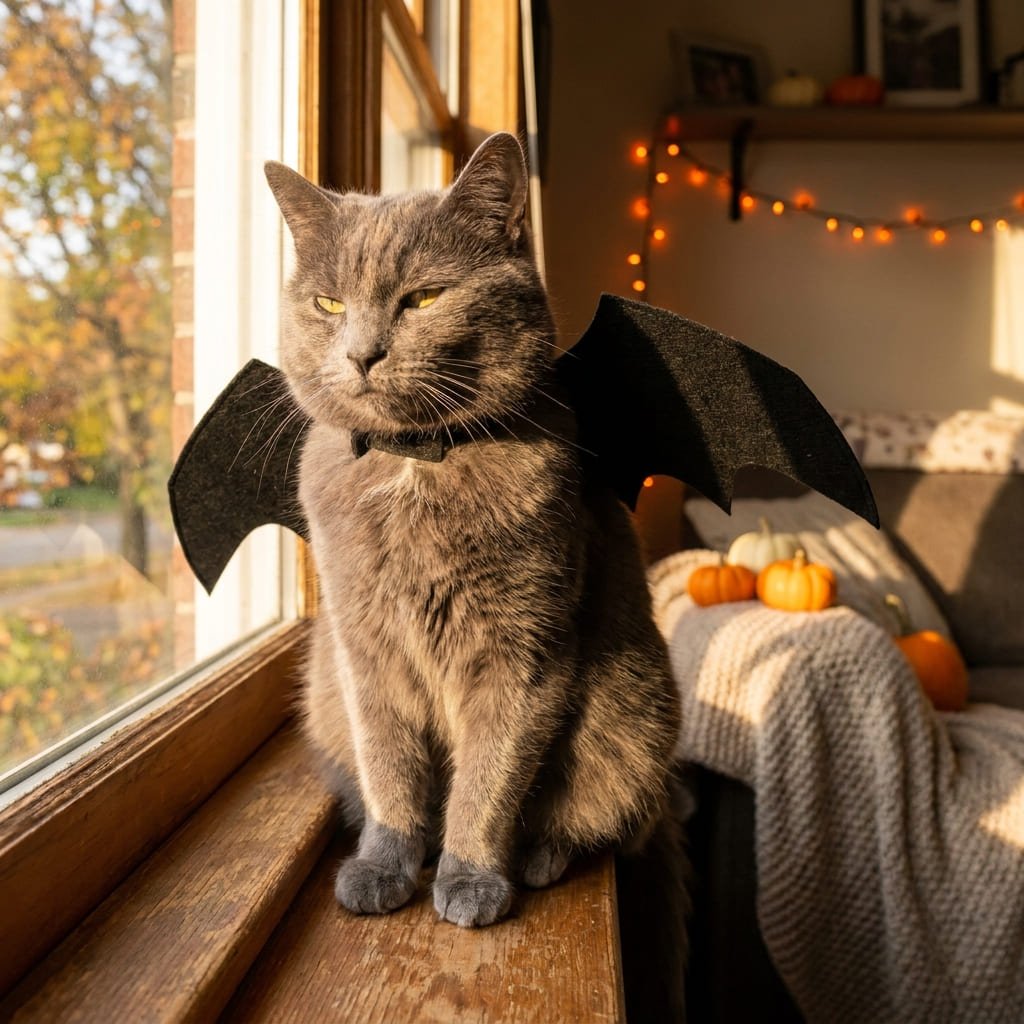 cat wearing black bat wings costume, chest and neck straps visible