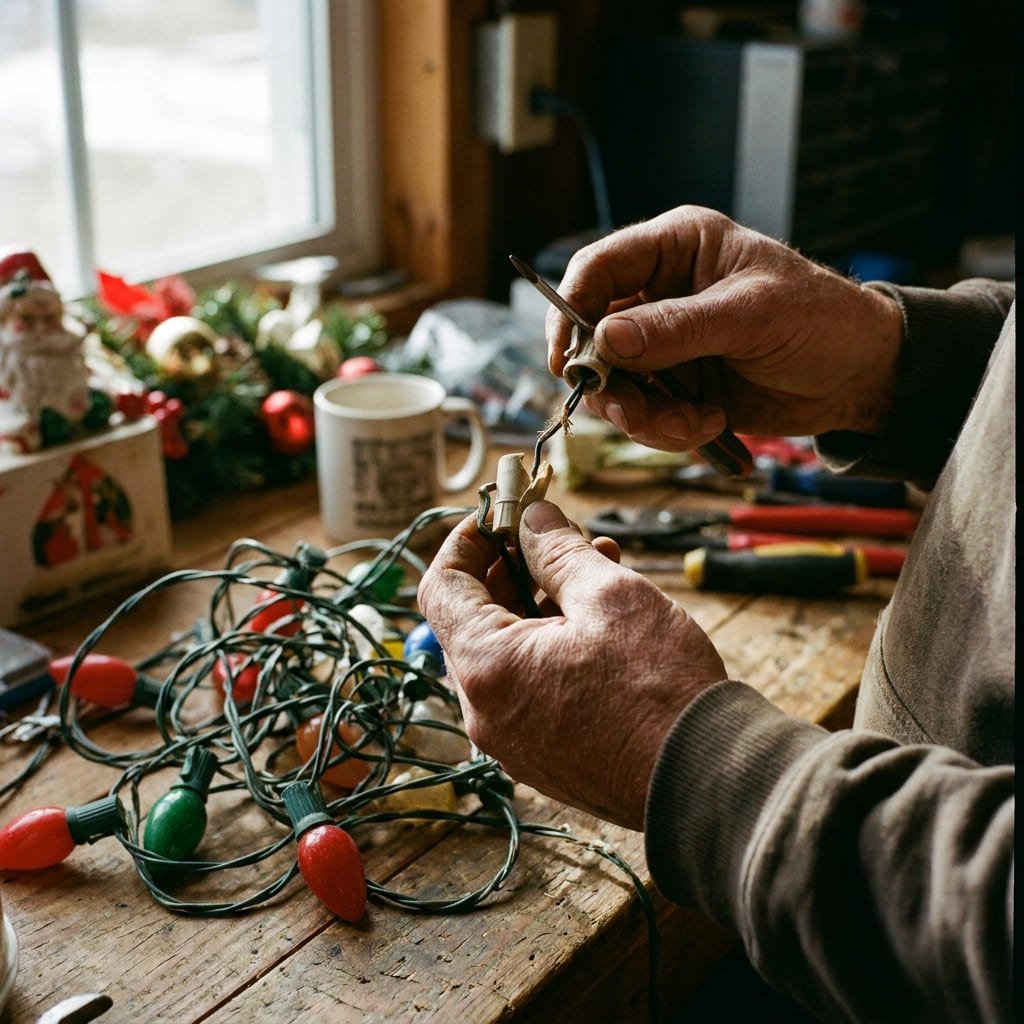 Halloween Lighting Safety: The Honest Truth Behind 1,600 Fires a Year 4 person inspecting string light connections before seasonal use