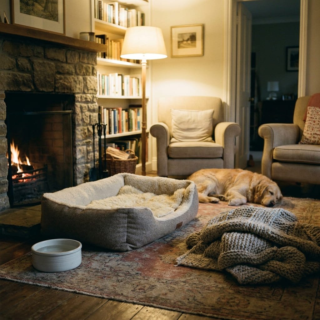 sanctuary room setup for pet with bed water and food during trick-or-treating