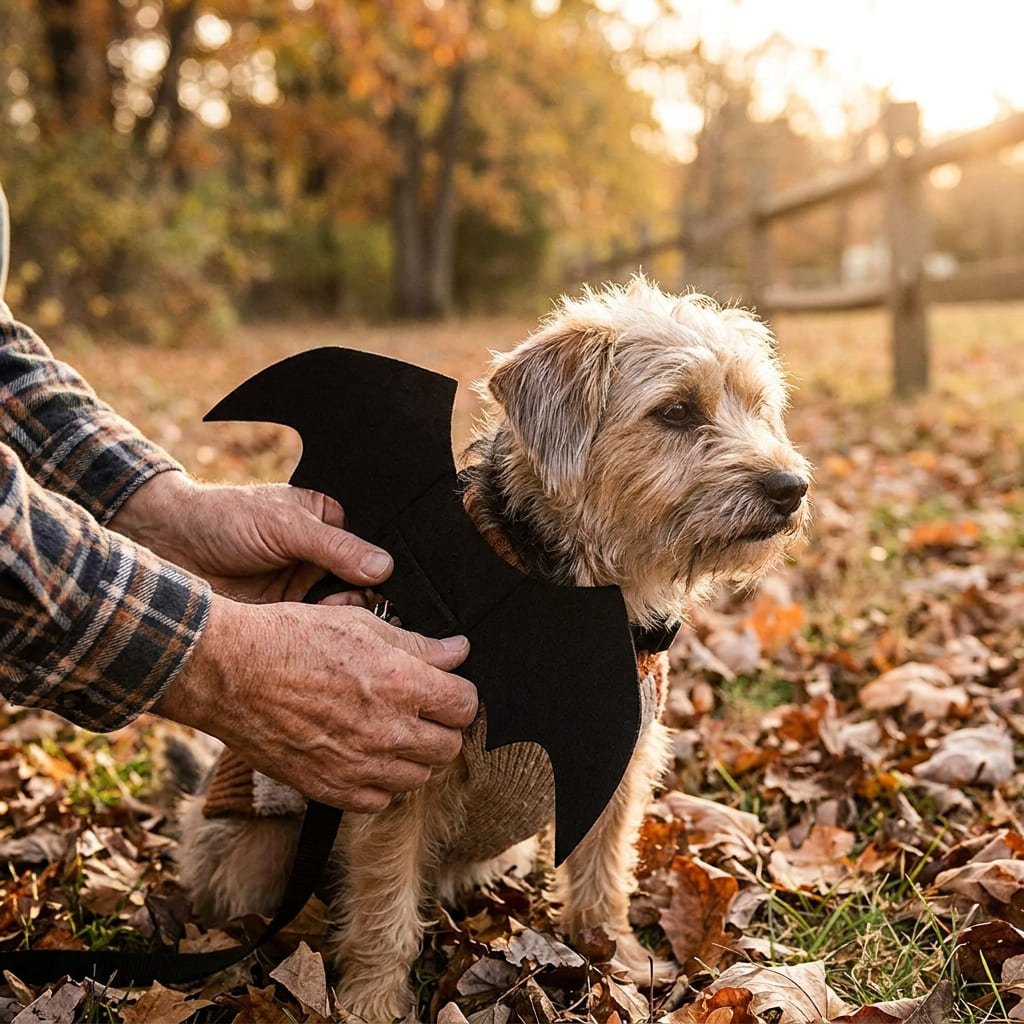 person putting black bat wings costume on a small dog outdoors
