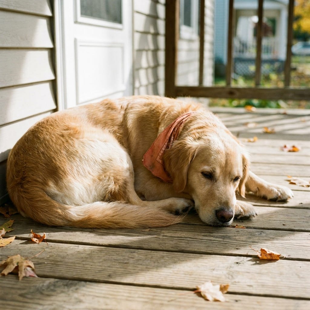 dog wearing simple bandana instead of full costume, relaxed posture