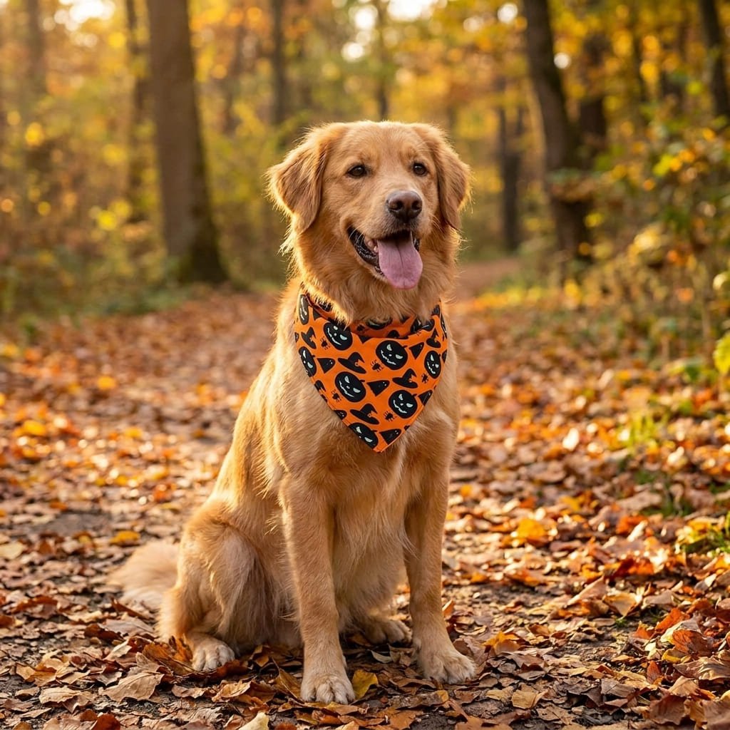 dog wearing reversible Halloween bandana with pumpkin design