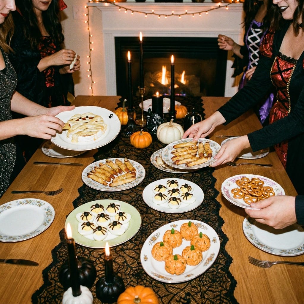 Halloween Food Safety: The Real 2-Hour Rule Most Hosts Ignore 3 small halloween-themed appetizer platters being refreshed on a table runner