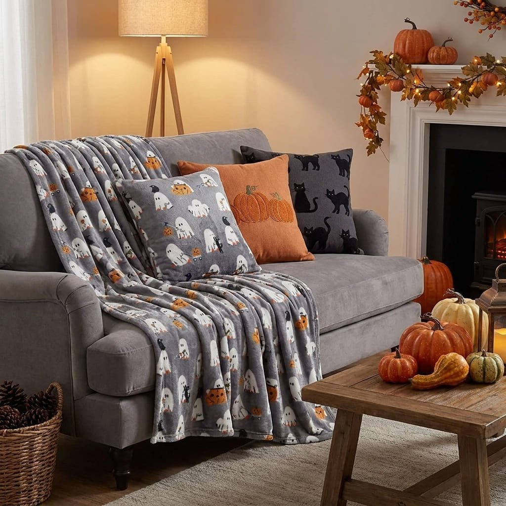 Halloween Throw Blanket Review: The Honest Fleece vs. Flannel Truth in 2026 3 grey Halloween throw blanket styled with matching pillow covers on a sofa