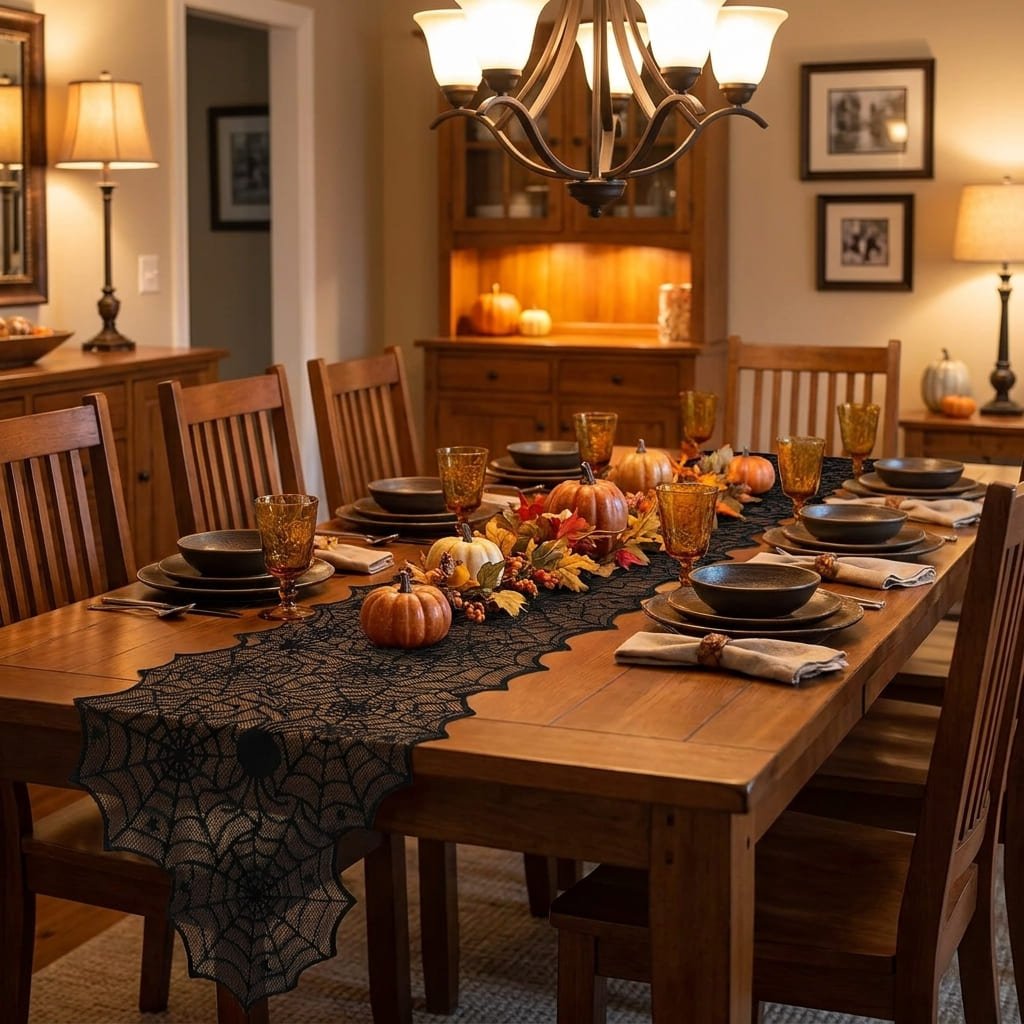 Halloween Table Runner Review: The Honest 12-Inch Fire Safety Rule 1 black lace spider web Halloween table runner on a dining table