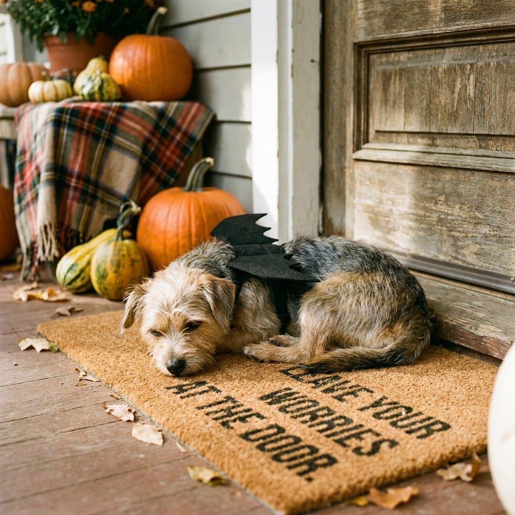 pet wearing halloween costume near front door with doormat