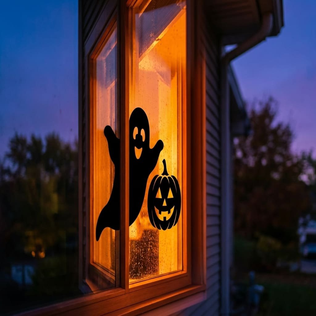 Halloween window clings silhouette on glass at dusk