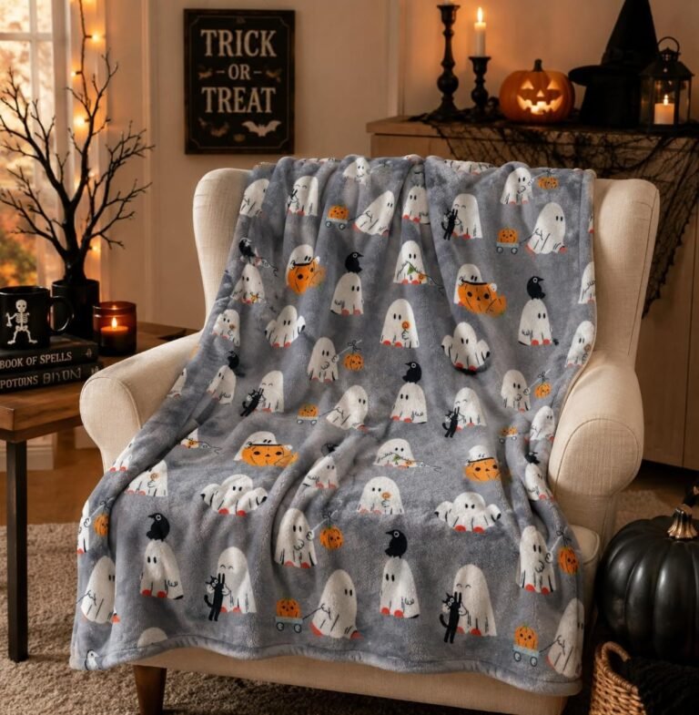 Halloween Throw Blanket Review: The Honest Fleece vs. Flannel Truth in 2026 8 Halloween ghost blanket on armchair with pumpkin decor