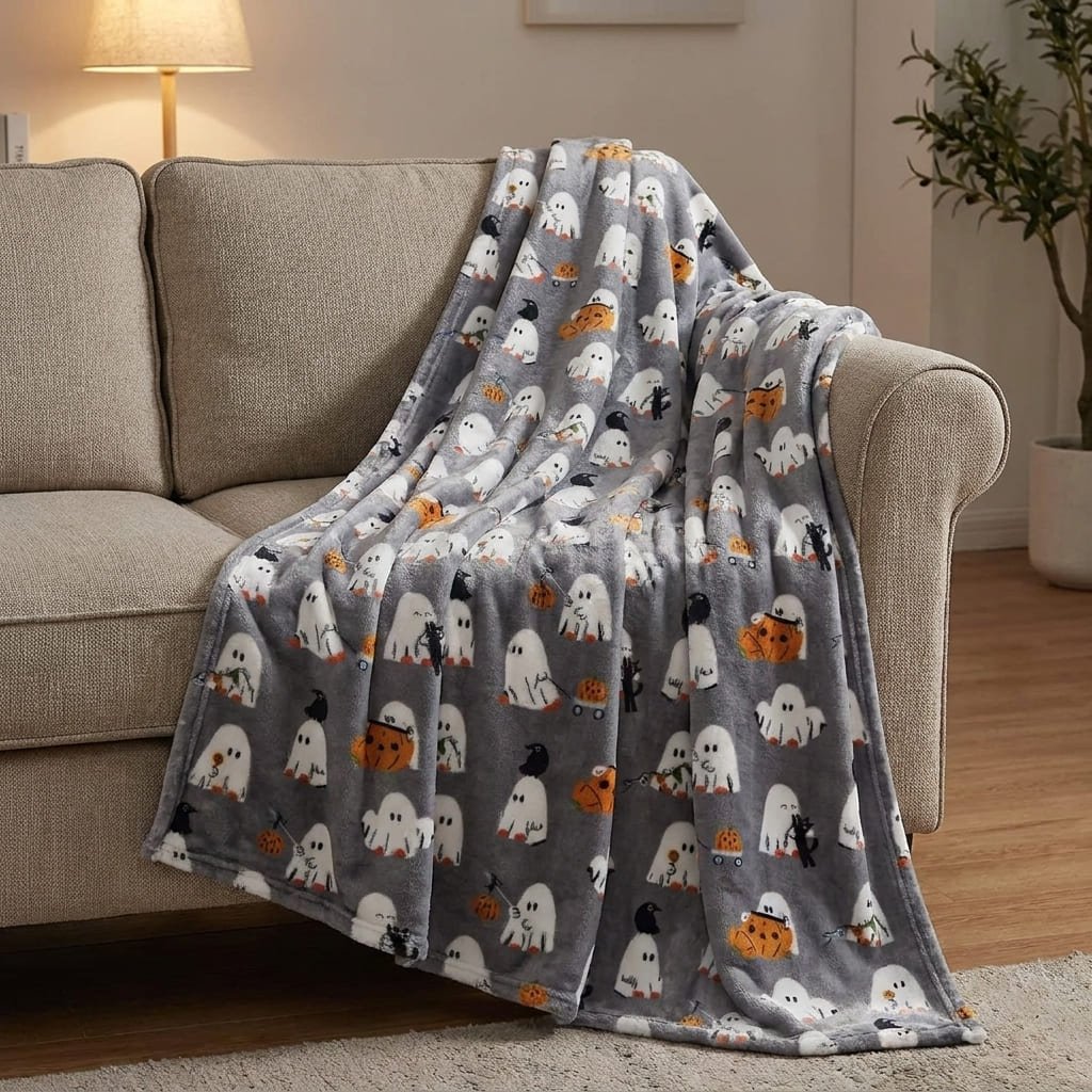 Halloween Throw Blanket Review: The Honest Fleece vs. Flannel Truth in 2026 1 Halloween ghost print throw blanket draped over a couch