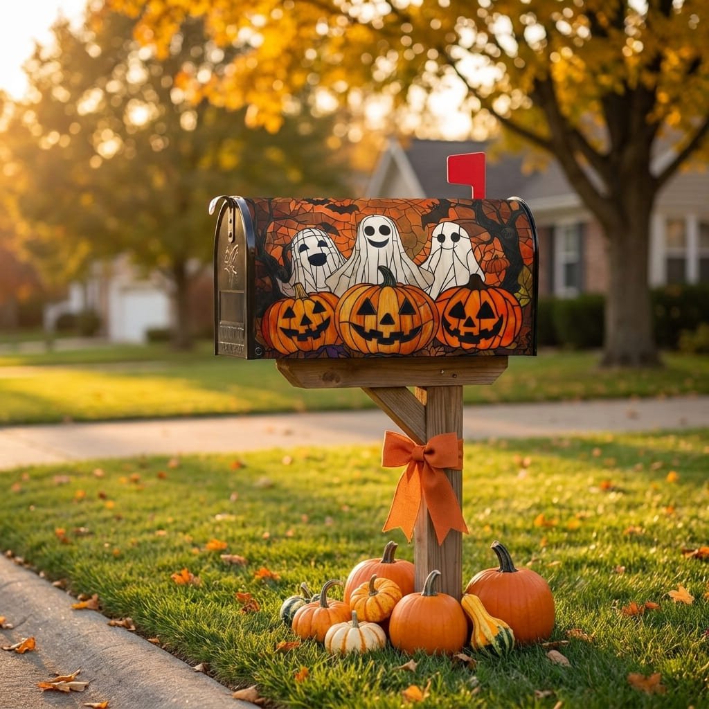 Halloween mailbox cover styled with pumpkins and bow