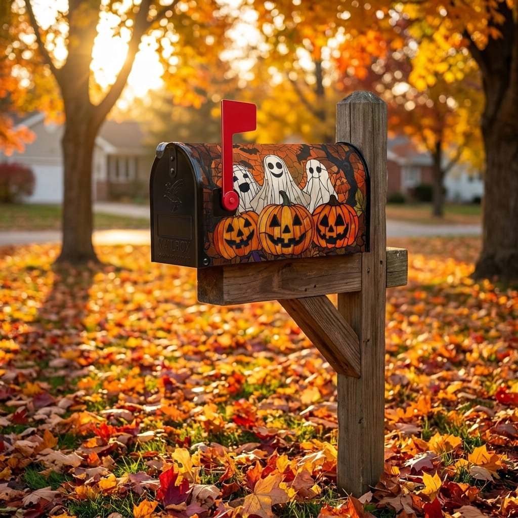 Halloween mailbox cover on residential mailbox post