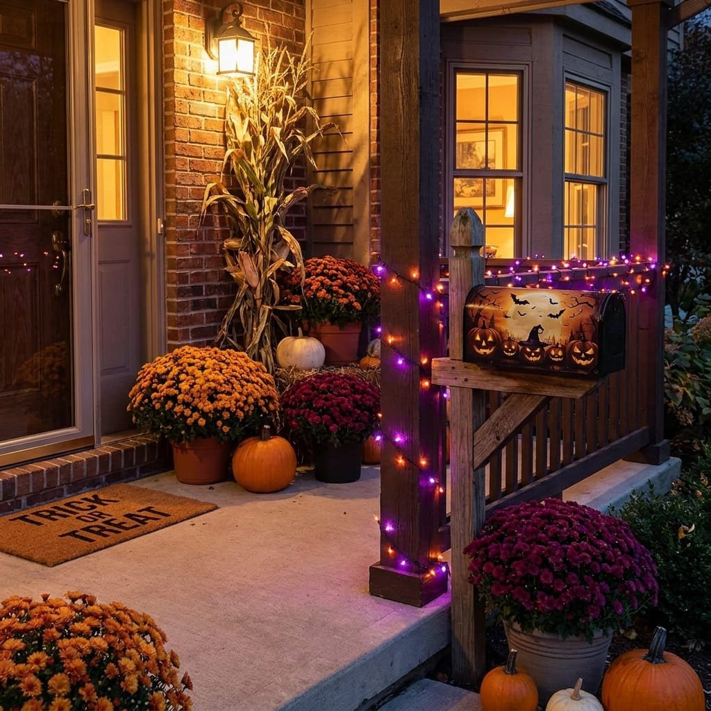 Solar Halloween Lights Review: The Honest Autumn Charging Reality Check 3 Halloween string lights draped alongside a decorated mailbox and porch