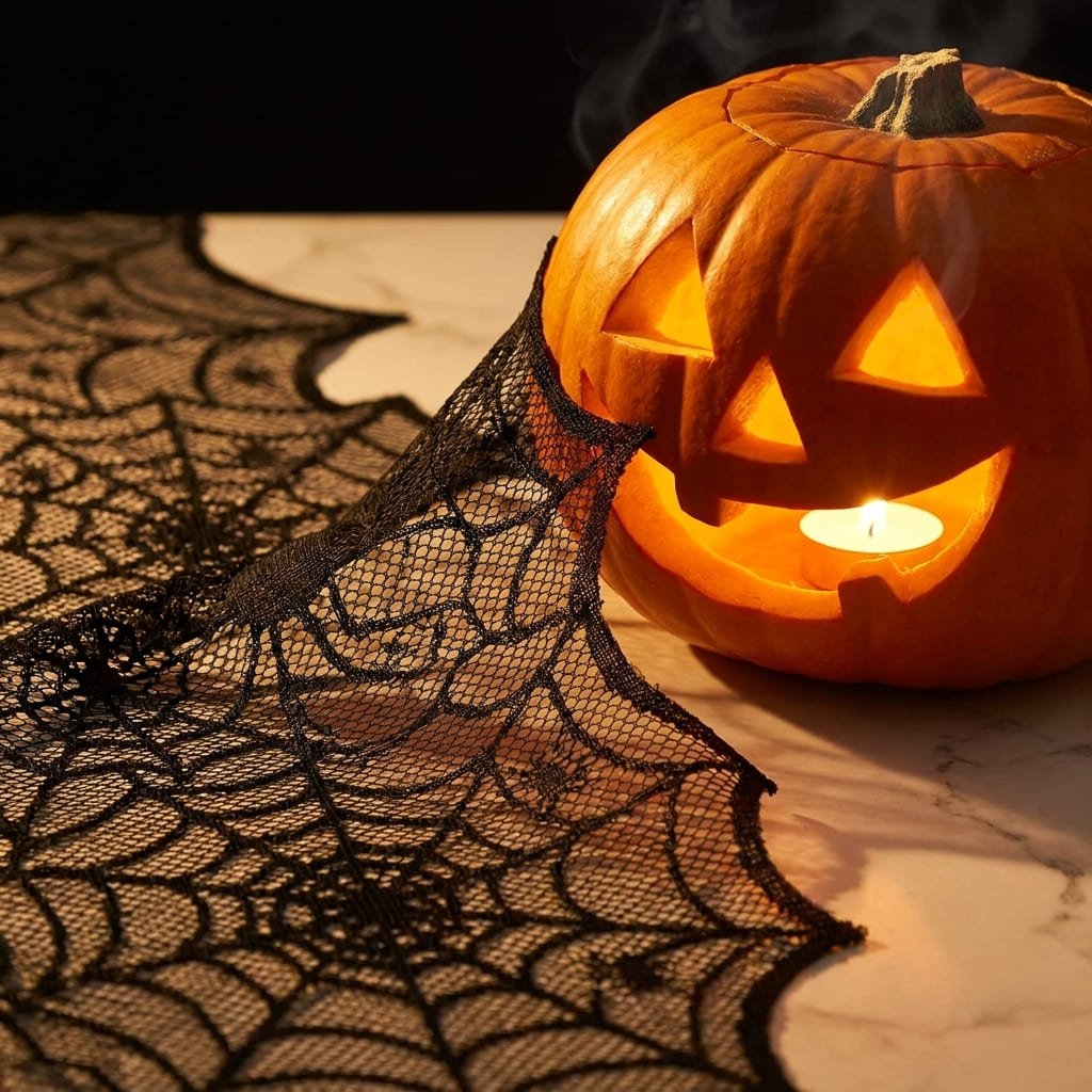 Halloween Table Runner Review: The Honest 12-Inch Fire Safety Rule 2 lit jack-o-lantern candle placed too close to table linens