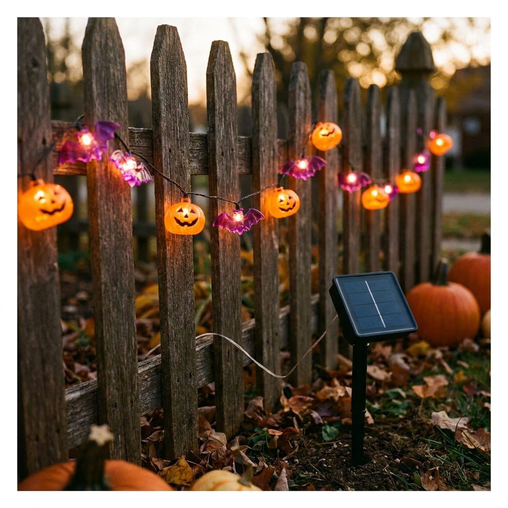 Halloween Lighting Safety: The Honest Truth Behind 1,600 Fires a Year 3 cordless solar Halloween light strand with no visible plug or cord run