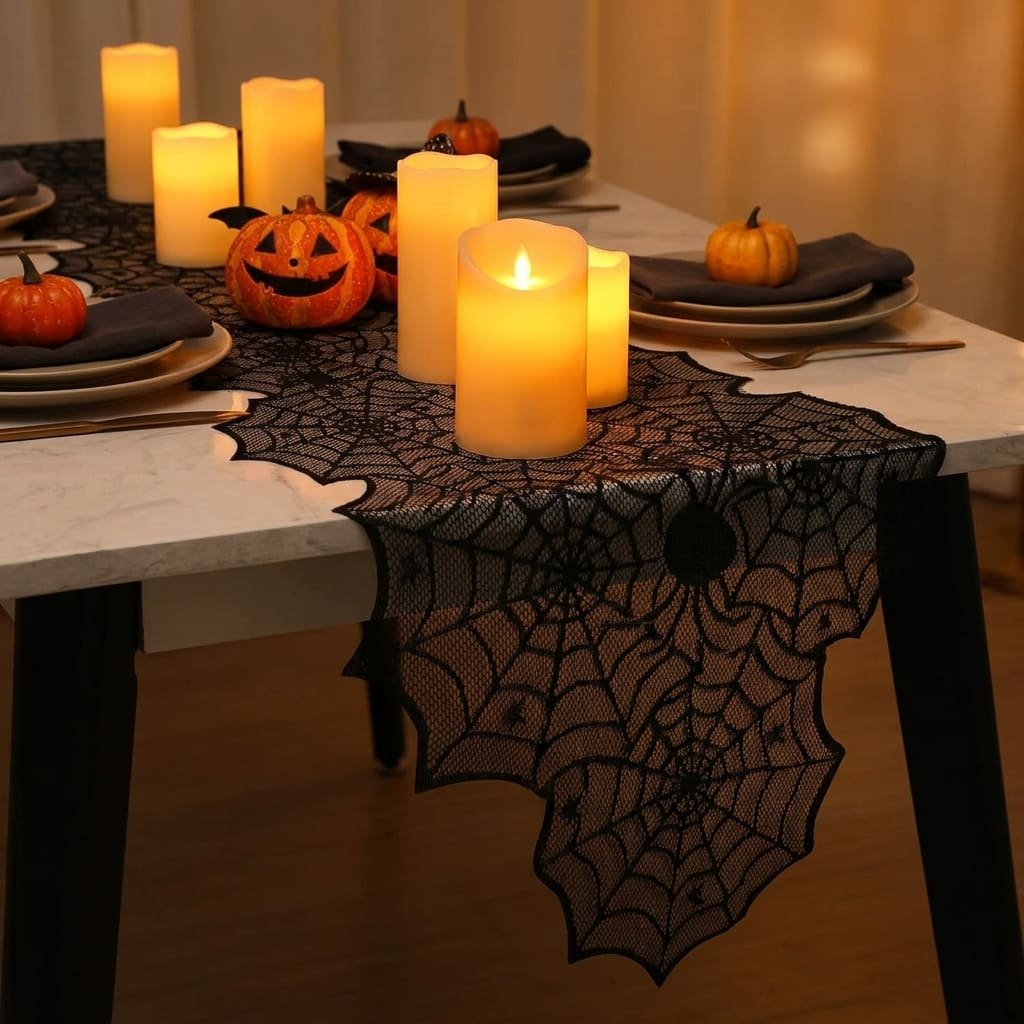 Halloween Table Runner Review: The Honest 12-Inch Fire Safety Rule 3 battery-operated candles safely placed on Halloween table runner