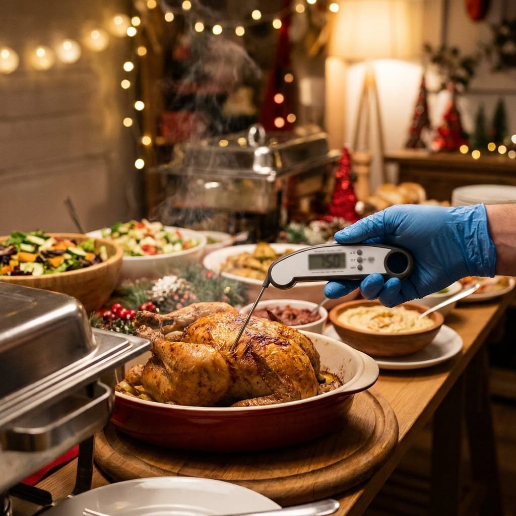 Halloween Food Safety: The Real 2-Hour Rule Most Hosts Ignore 2 thermometer checking temperature of food on a buffet table
