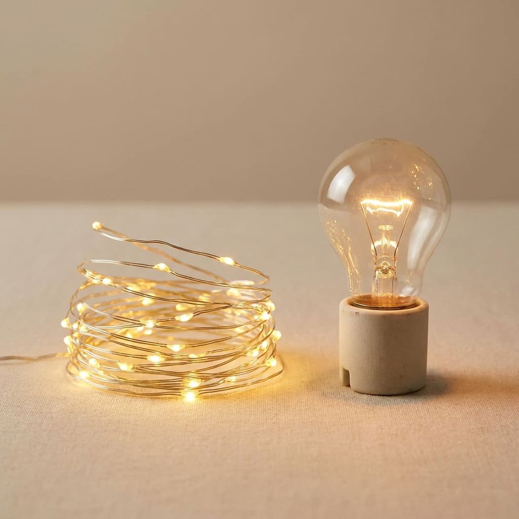 Energy Efficient Halloween Lights: The Real 92% Stat Battery Users Miss 2 LED string lights glowing next to an incandescent bulb comparison