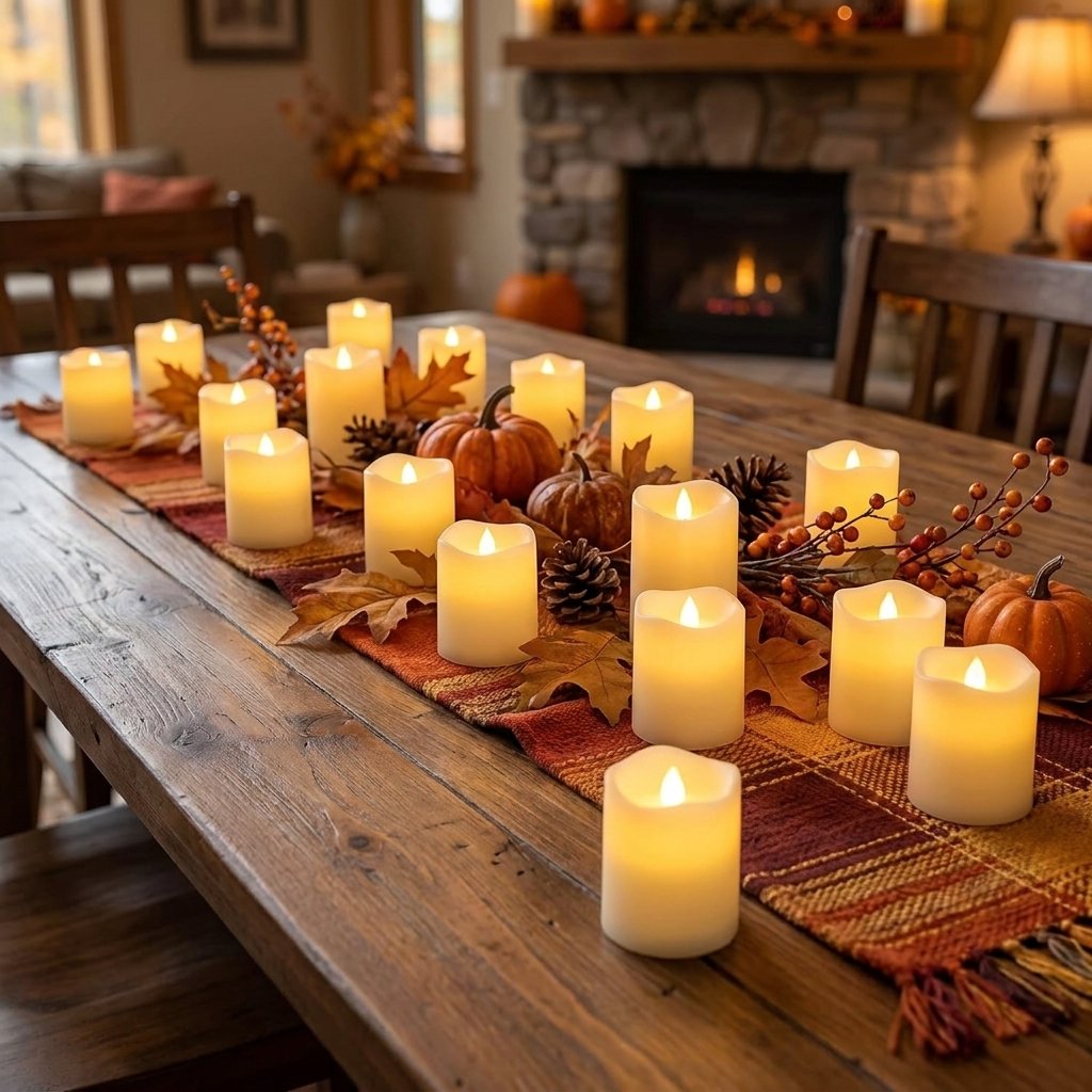 Flameless Battery Operated Candles: 3 Essential Safety Reasons to Style Them on Wood Furniture 1 Set of flameless battery operated candles glowing with warm flickering light on a wooden dining room table