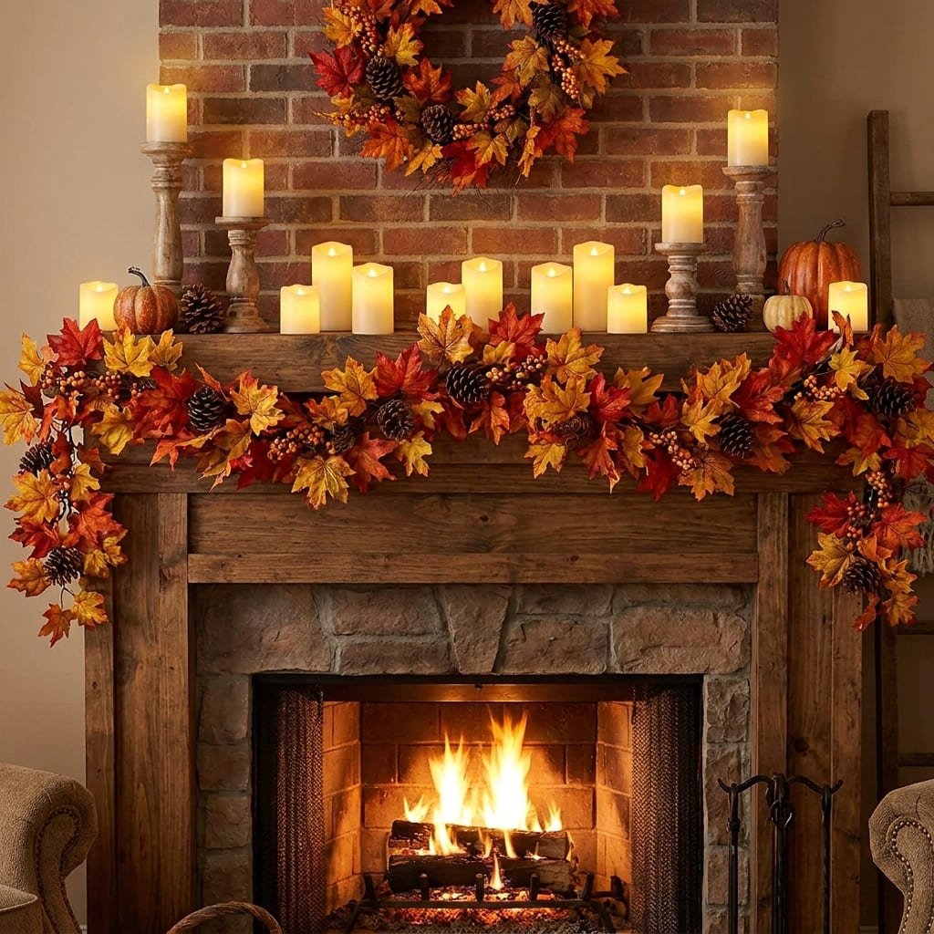 Flameless Battery Operated Candles: 3 Essential Safety Reasons to Style Them on Wood Furniture 3 Flameless battery operated candles flickering warmly on a living room fireplace mantel beside seasonal foliage