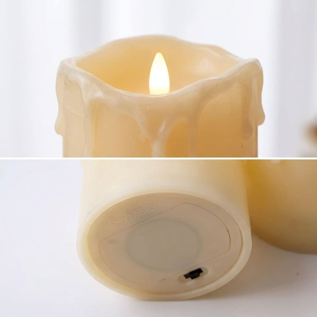Flameless Battery Operated Candles: 3 Essential Safety Reasons to Style Them on Wood Furniture 2 Close-up view of genuine paraffin wax housing and flickering amber LED flame tip on a flameless battery operated candle