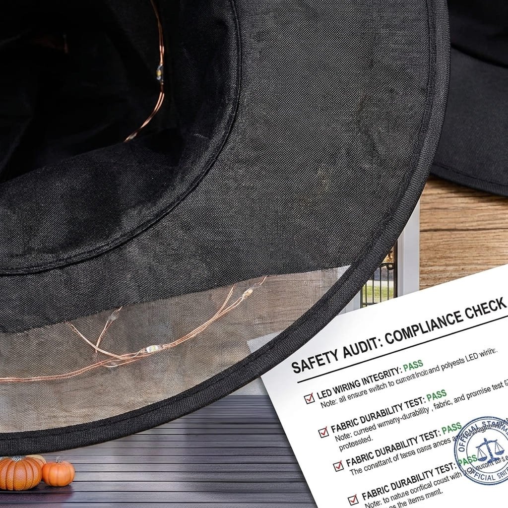 Close-up detail of weather-resistant Oxford fabric and LED battery wire on floating witch hats decor