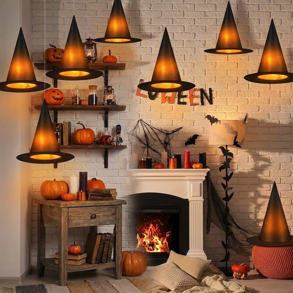 Floating witch hats decor glowing above living room side table and floating shelves
