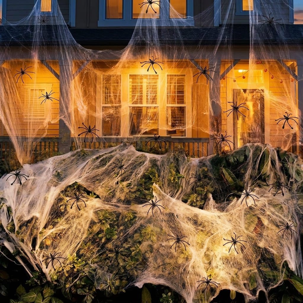 Illuminated giant spider web lawn decor glowing brightly at dusk with plush spider silhouettes
