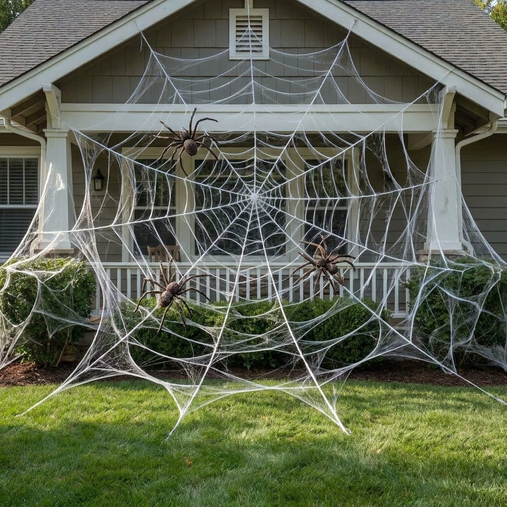 Giant spider web lawn decor stretched from roof gutter to front yard grass with giant plush spiders