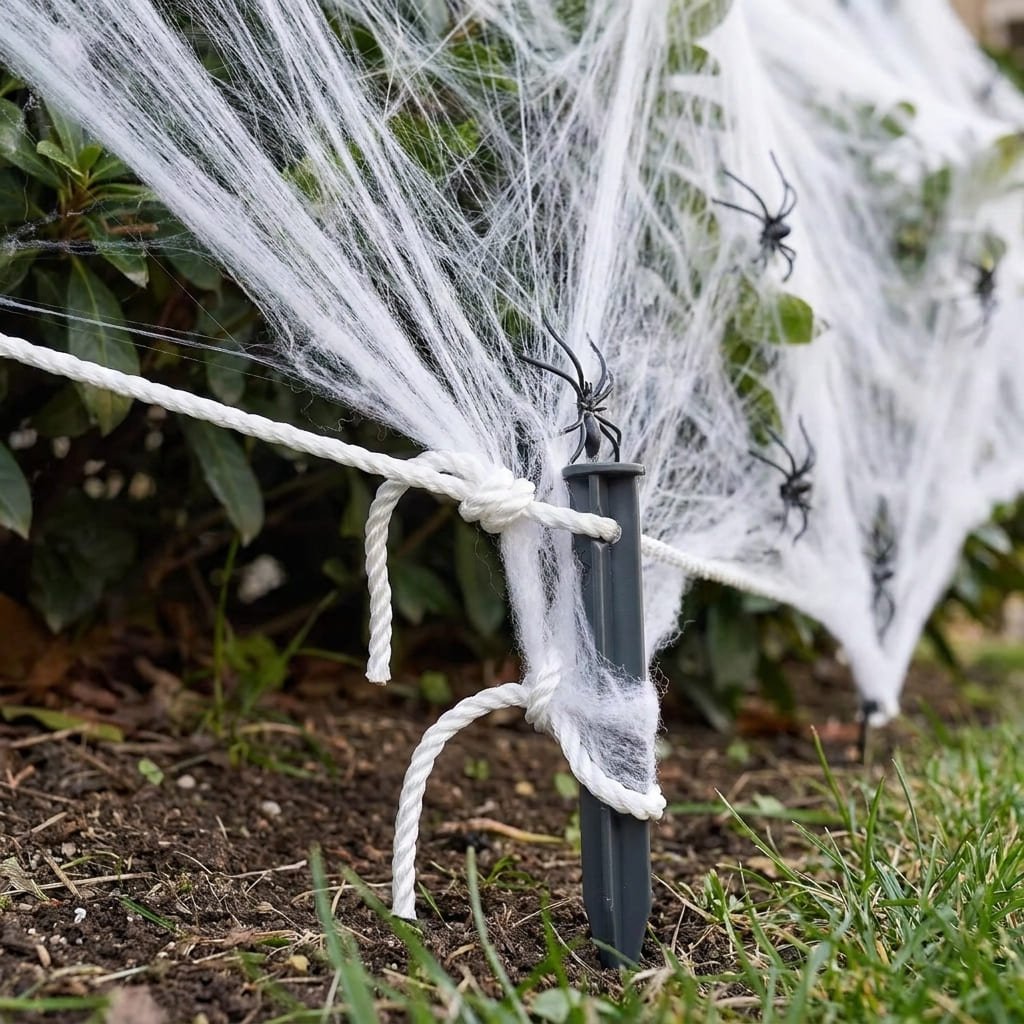 Heavy-duty plastic ground stake driven into lawn soil anchoring giant spider web lawn decor rope