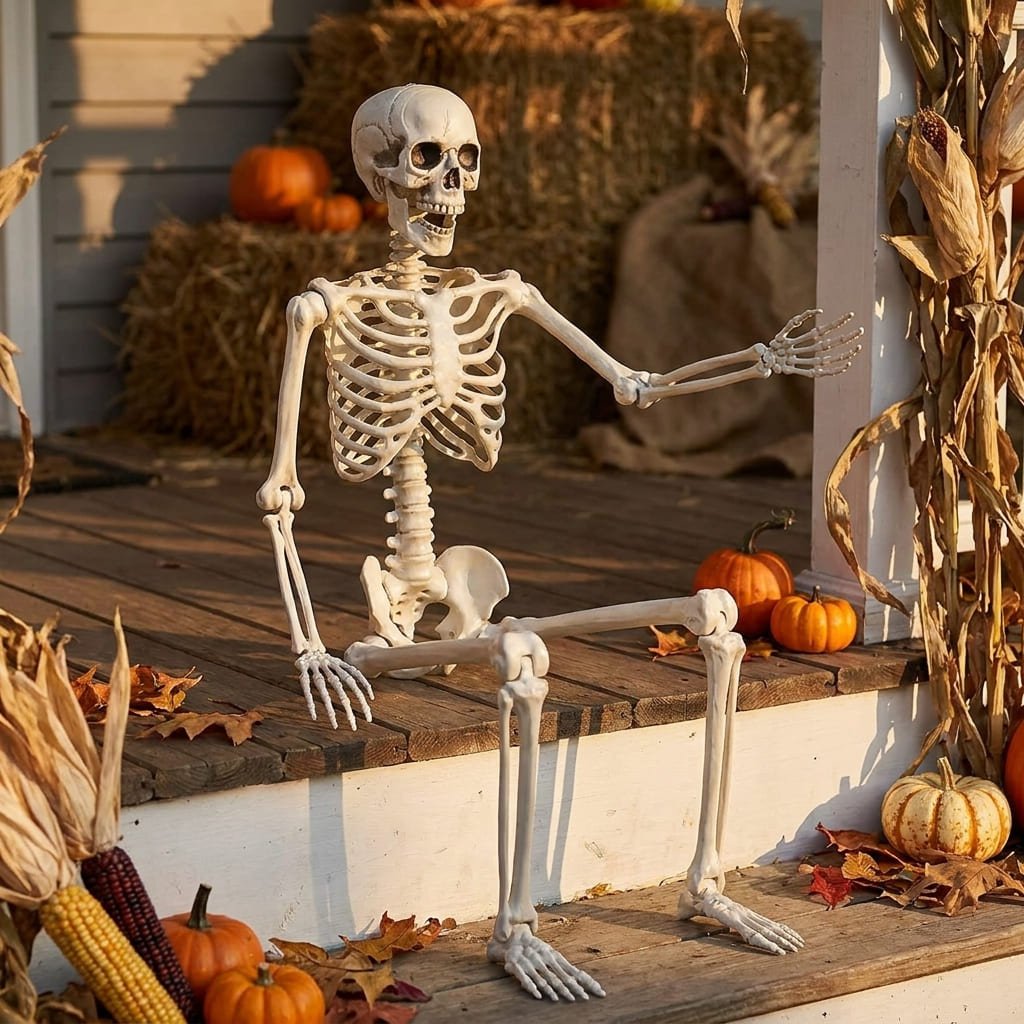 posable 16-inch skeleton decoration with movable joints on a porch