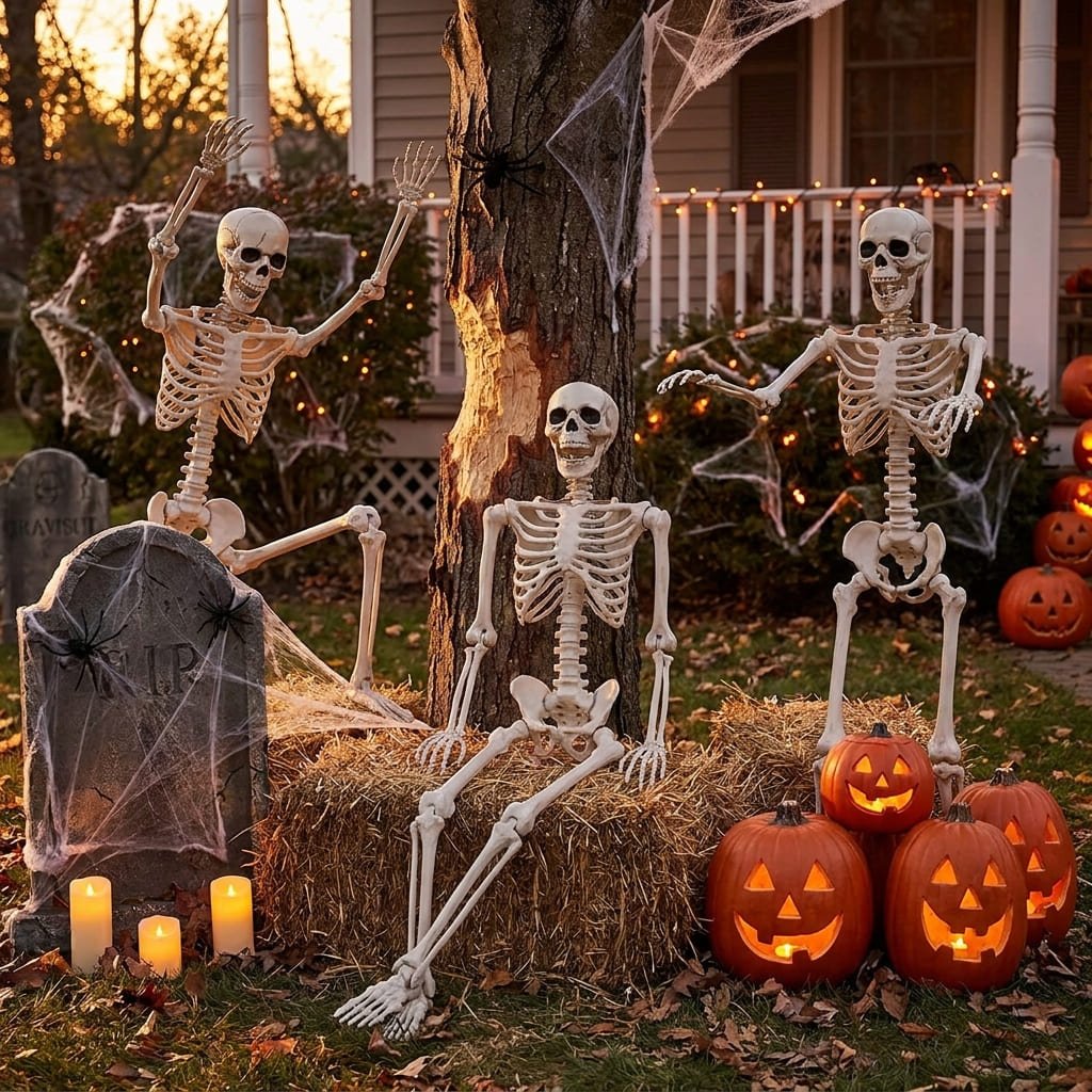 three posable skeletons arranged in a group graveyard scene