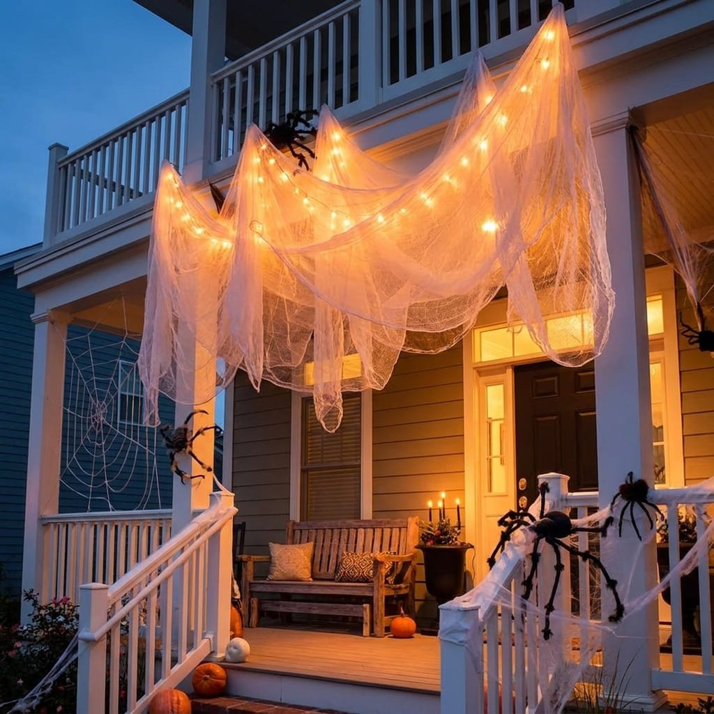 Illuminated hanging cheesecloth ghosts glowing brightly at dusk above an outdoor patio dining table