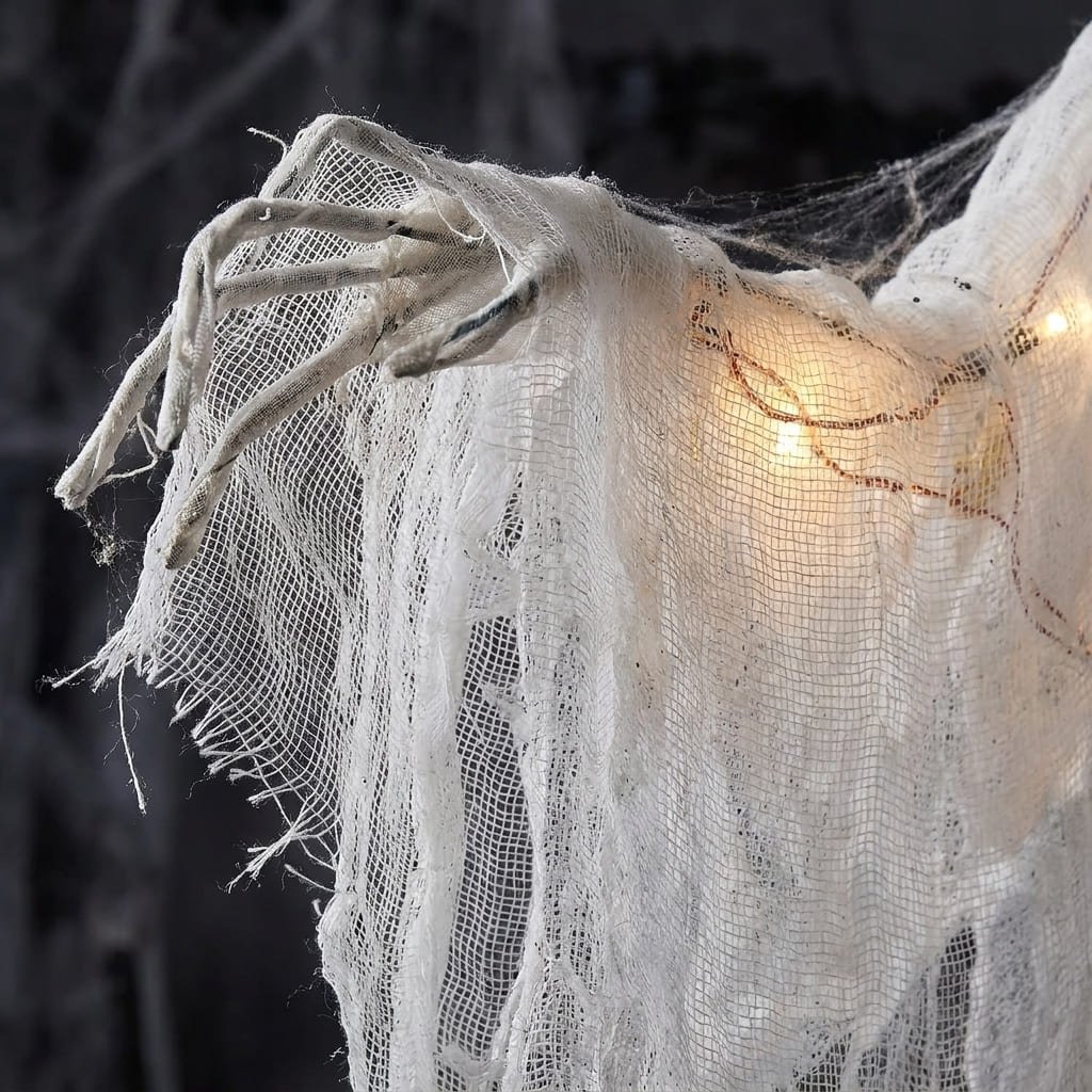 Close-up detail of shredded cotton gauze fabric, foam head, and internal wire arm structure on hanging cheesecloth ghosts