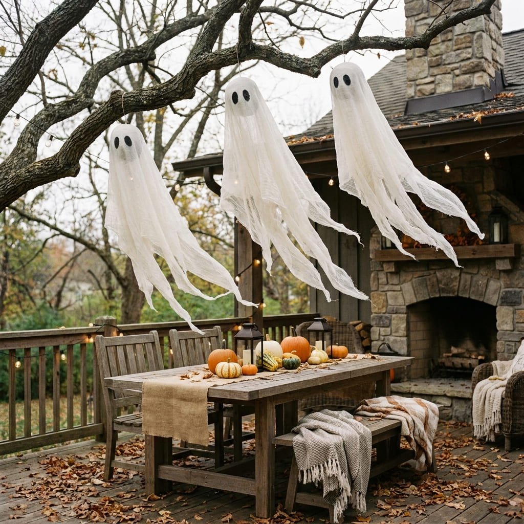 3-piece set of hanging cheesecloth ghosts with flowing white gauze swaying from porch tree branches over outdoor seating