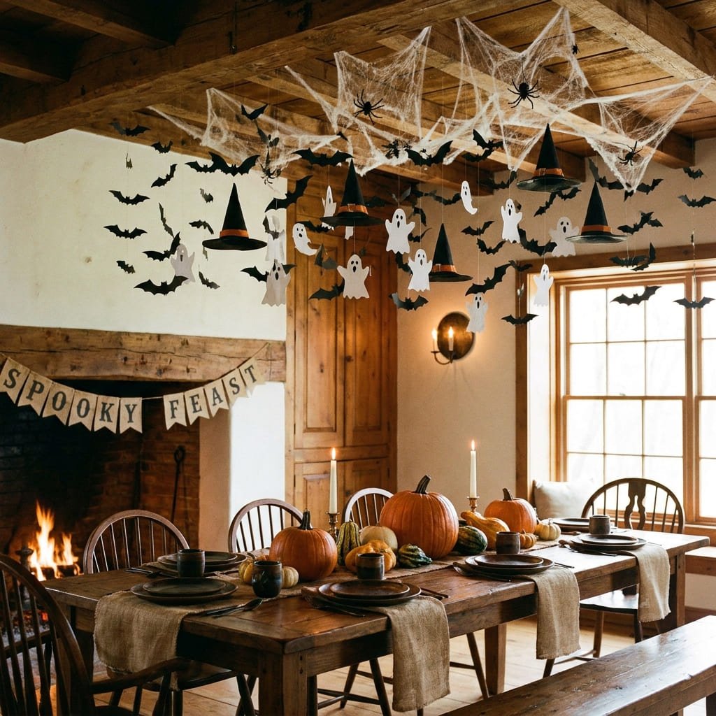 Hanging Halloween Ceiling Decorations: 5 Essential CPSC Rules for Safe Overhead Styling 4 Illuminated hanging Halloween ceiling decorations floating over a wooden dining room table with seasonal place settings