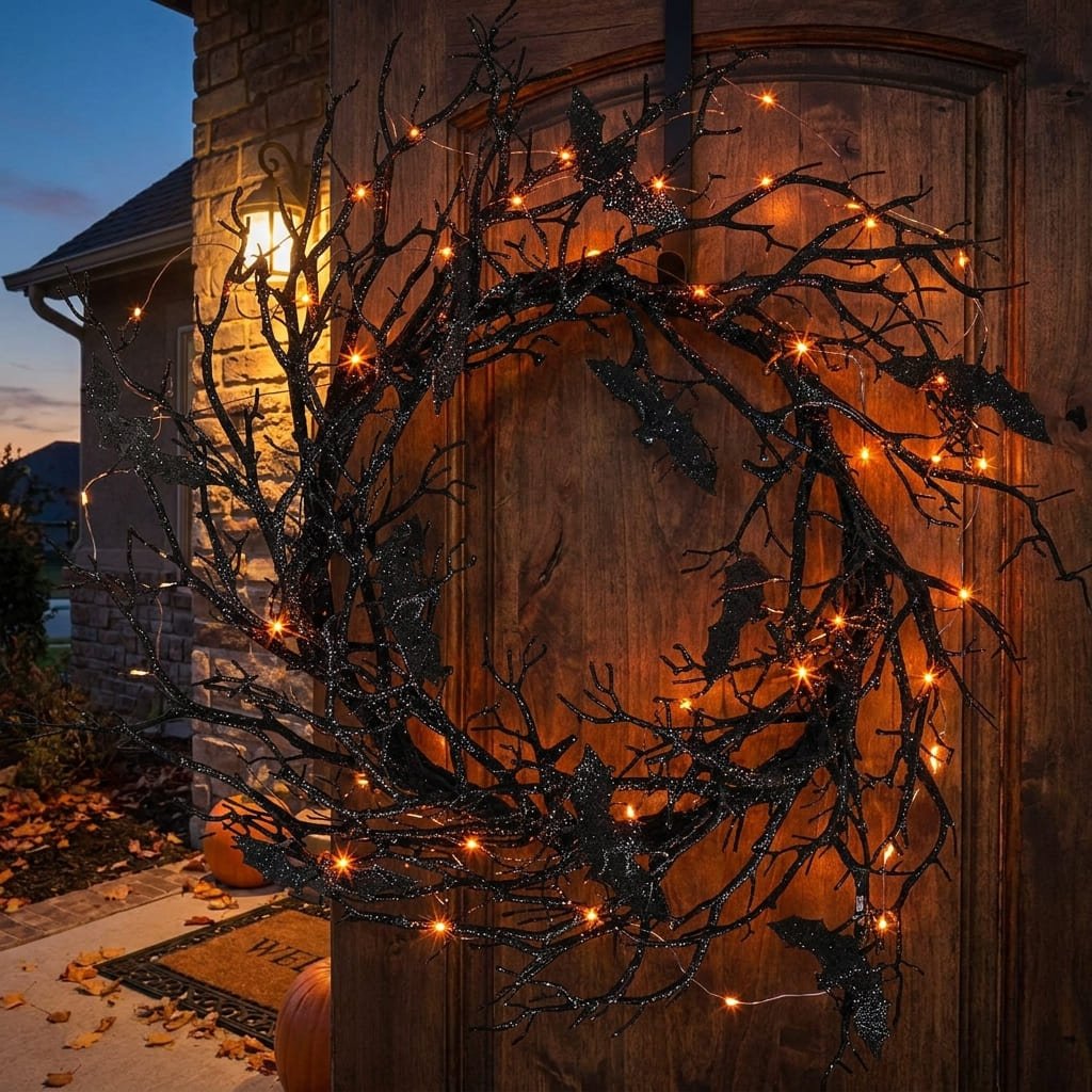 26-inch black bat twig wreath hanging on a front door