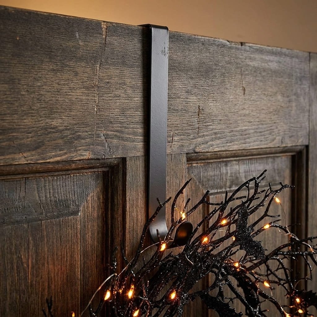 metal over-the-door wreath hanger installed on a front door