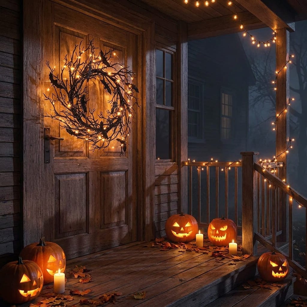 glowing LED bat wreath lit up on a porch at night